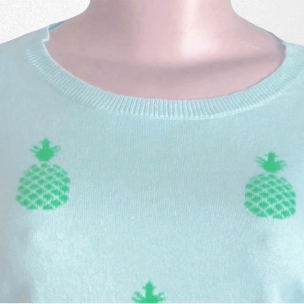Two Bees Cashmere Allover Pineapple Print Pullover Sweater Aqua SZ M - Picture 6 of 10